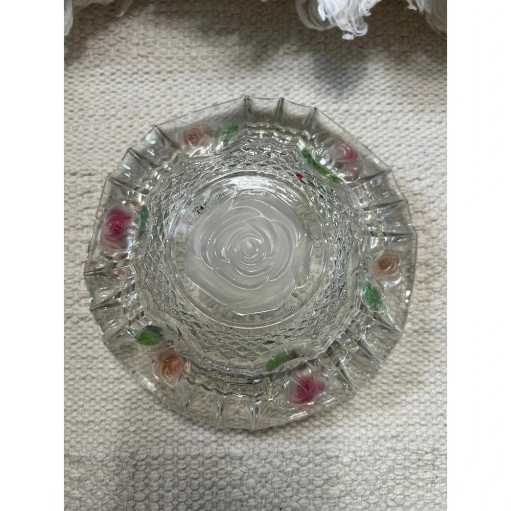 Vintage Glass Ashtray‎ With Rose Design Red & Green Accents